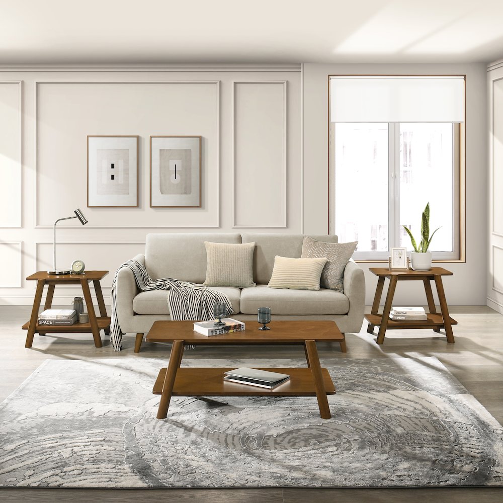 Metz Mid-Century Modern Wood Shelf 3-Pc Coffee Table Set, Walnut Finish. Picture 2
