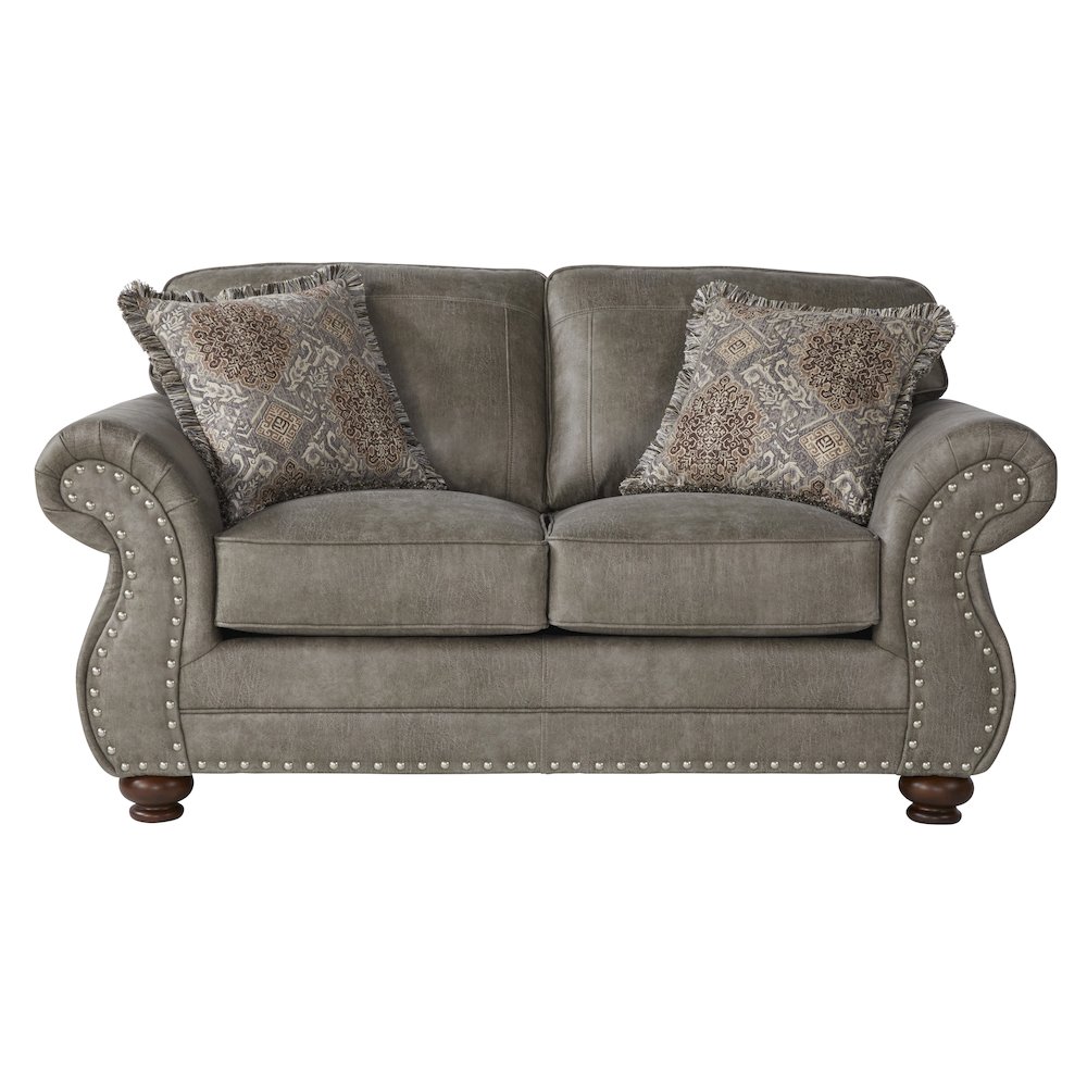 Leinster Faux Leather Upholstered Nailhead Loveseat in Stone Gray. Picture 2
