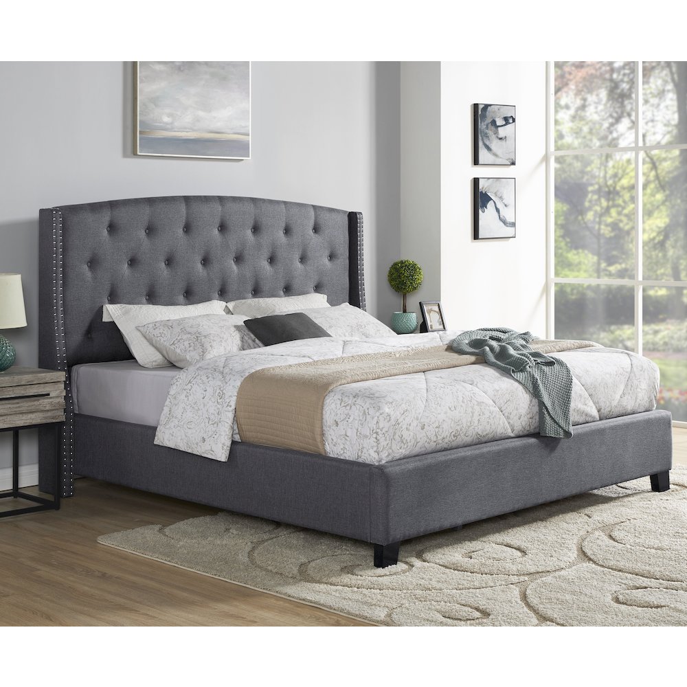 Nantarre Fabric Button Tufted Wingback Queen Bed with Nail Head Trim, Gray. Picture 2