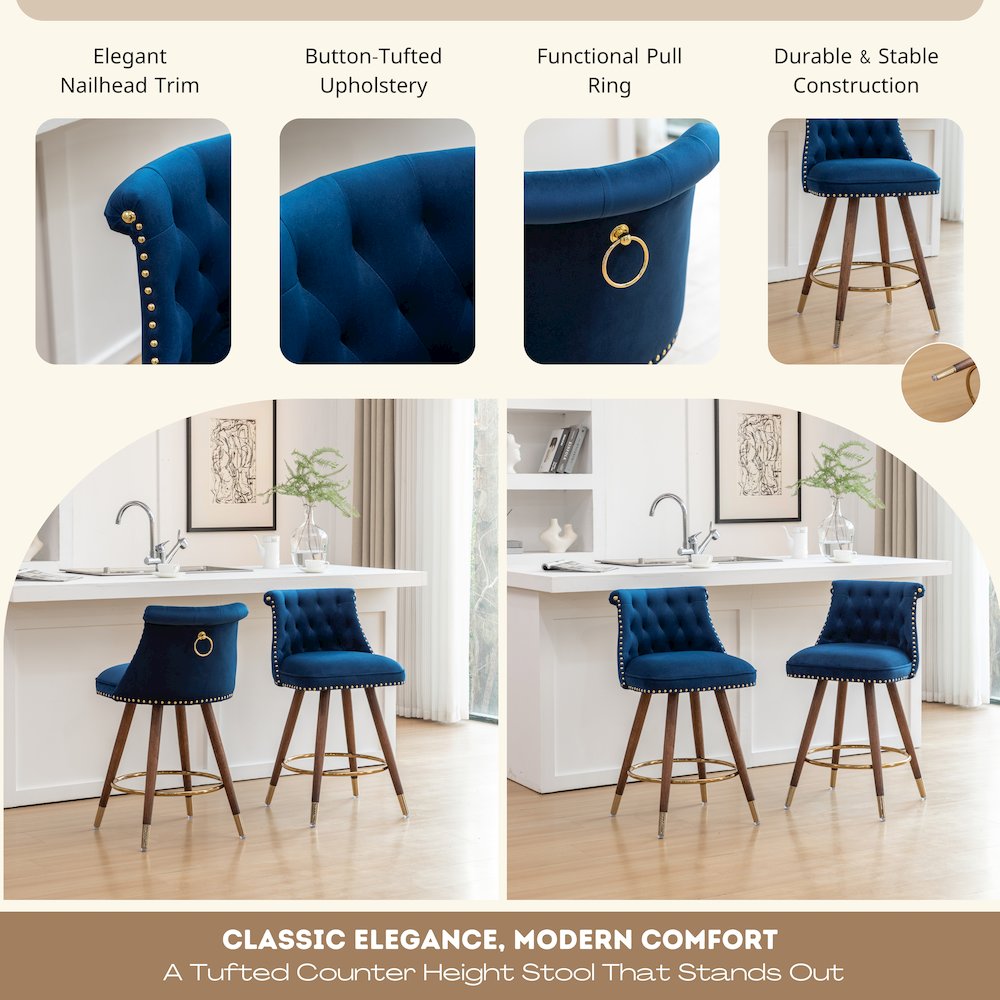 Elvara Set of 2 Button-Tufted Counter Stools with Nailhead Trim - Blue. Picture 6