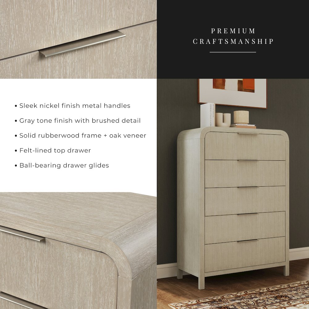 Tavari Contemporary 5-Drawer Wood Chest, Light Gray. Picture 7