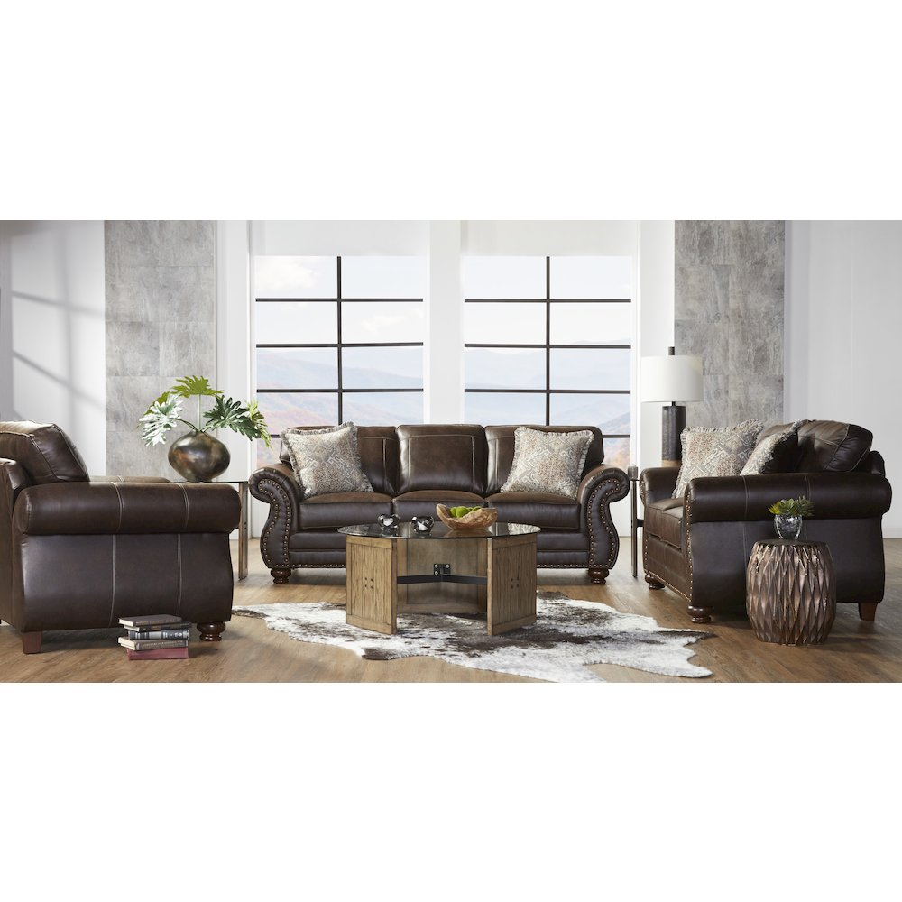Leinster Faux Leather Nailhead Sofa, Loveseat, and Chair Set in Espresso. Picture 2