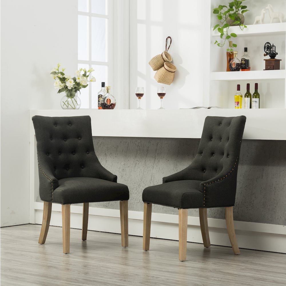Luna Charcoal Button Tufted Solid Wood Wingback Chairs with Nail Heads Set of 2. Picture 2
