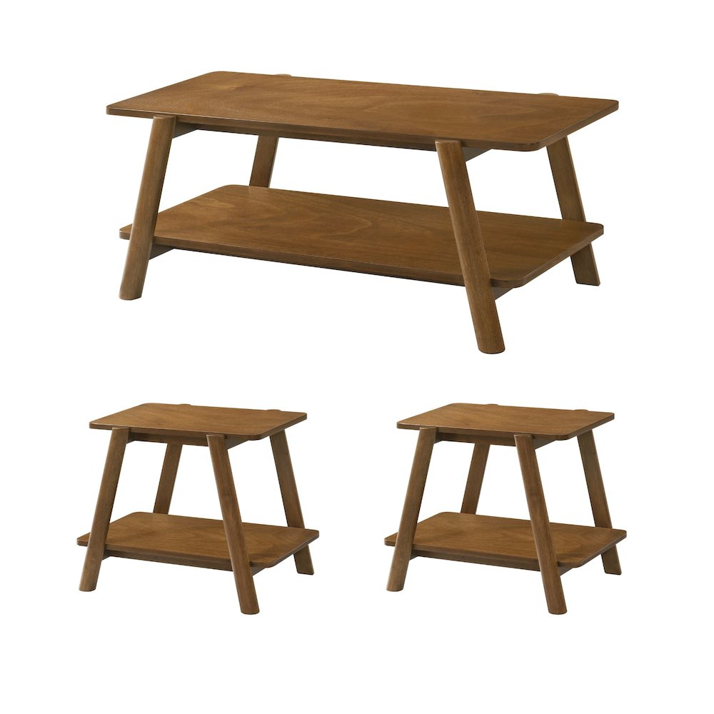 Metz Mid-Century Modern Wood Shelf 3-Pc Coffee Table Set, Walnut Finish. Picture 1