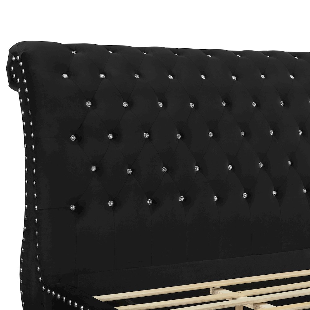 Evora Black Velvet Upholstered Crystal Button Tufted Sleigh Bed, Queen. Picture 7