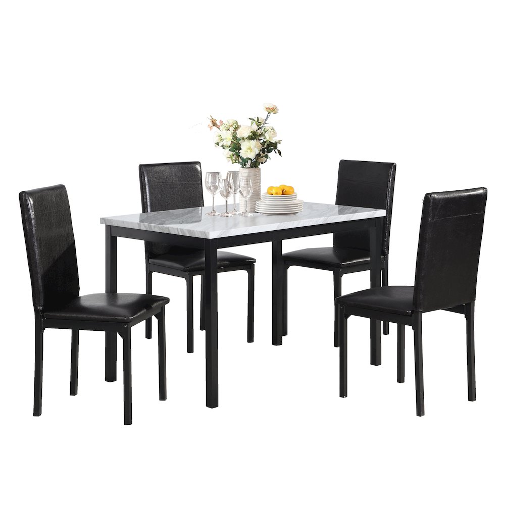 Citico 5-Pc Dinette Set with Faux Marble Top, White Table with Black Chairs. Picture 1