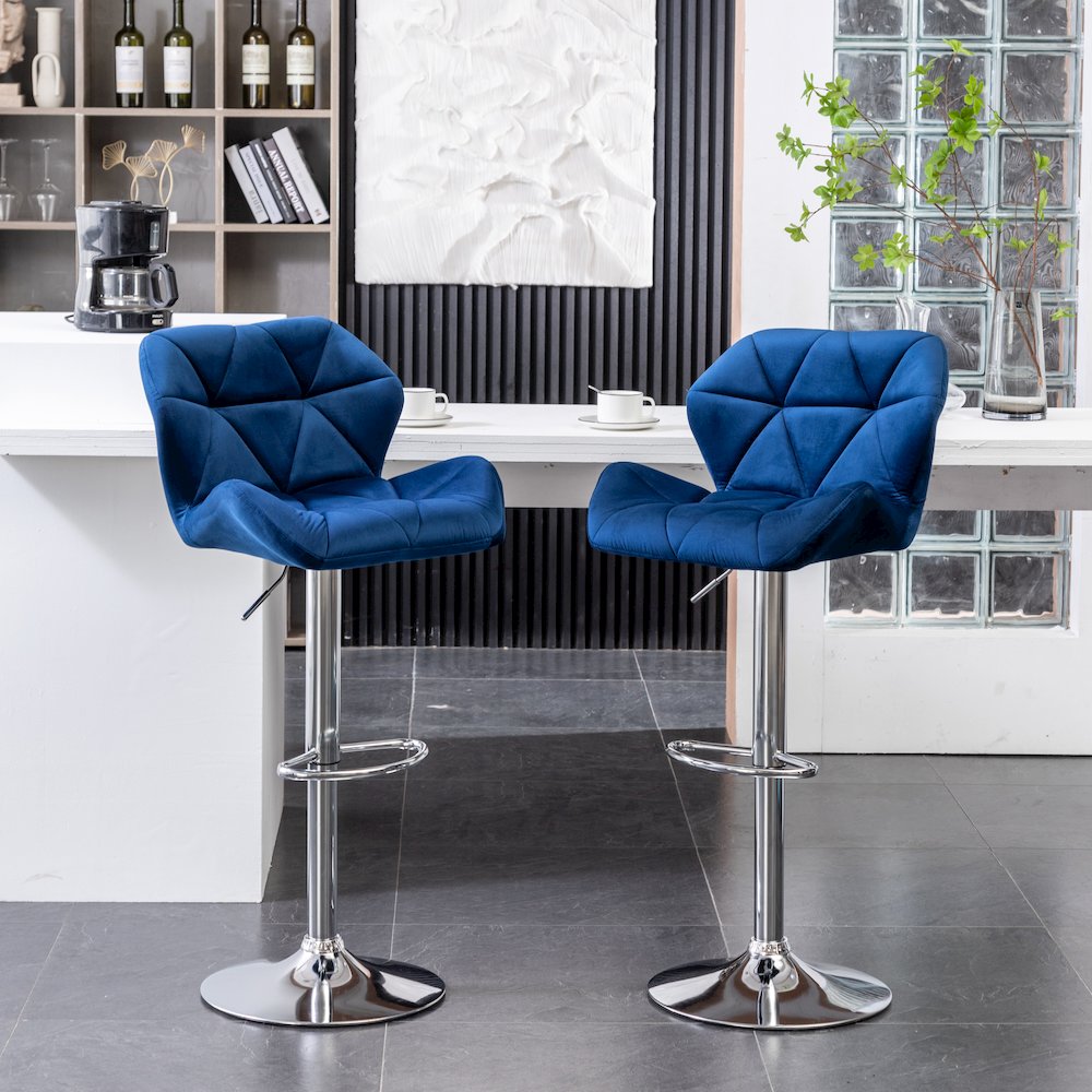 Breni Velvet Diamond Tufted Swivel Adjustable Height Barstool, Set of 2, Blue. Picture 2