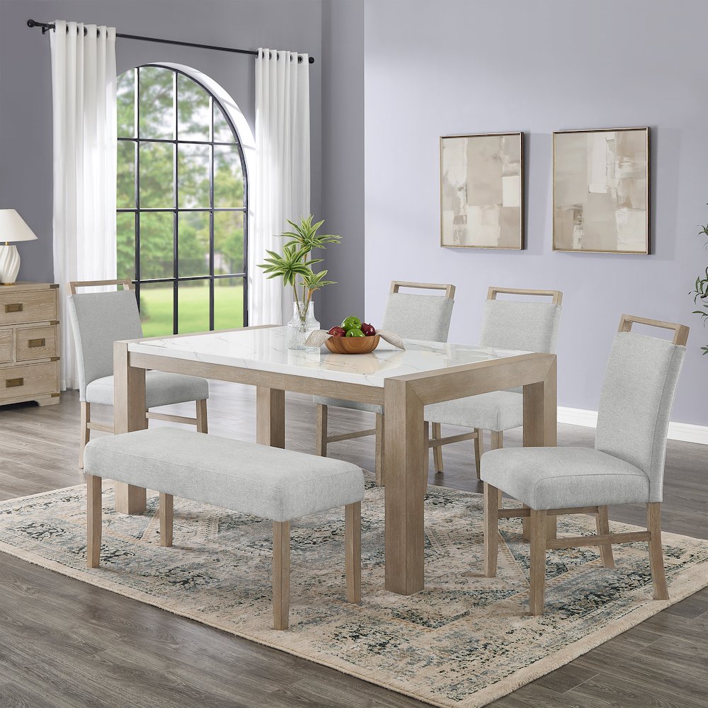 Zelalle 6-PC Dining Set, Table, 4 Chairs, and Bench, White Wired-Brushed Finish. Picture 3