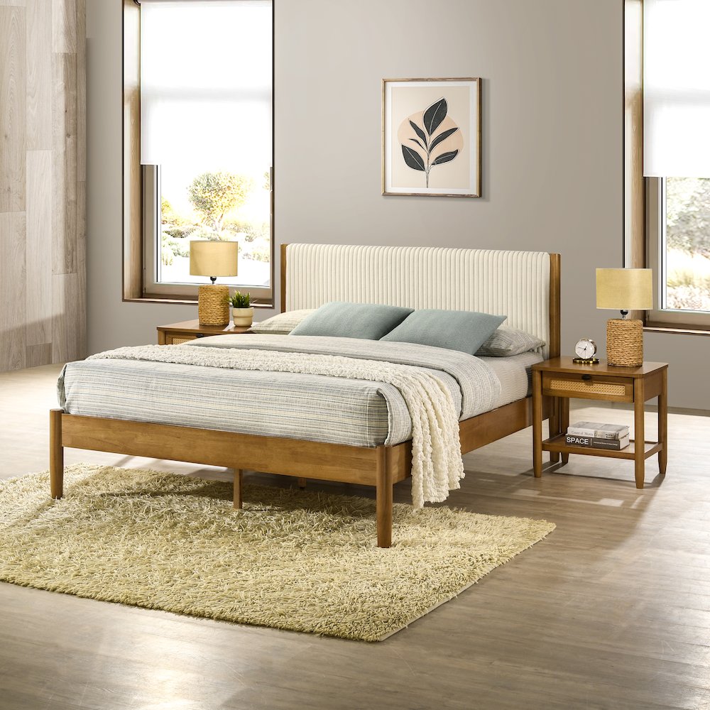 Vichy Rubberwood Bedroom Set with CorduroyUpholstered Queen Bed and 2Nightstands. Picture 3