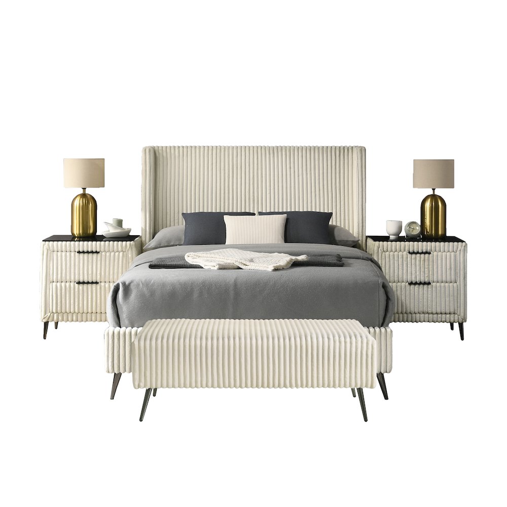 Mavela Wide Wale Corduroy Panel Queen Bed with 2 Nightstands and Bench, Cream. Picture 1