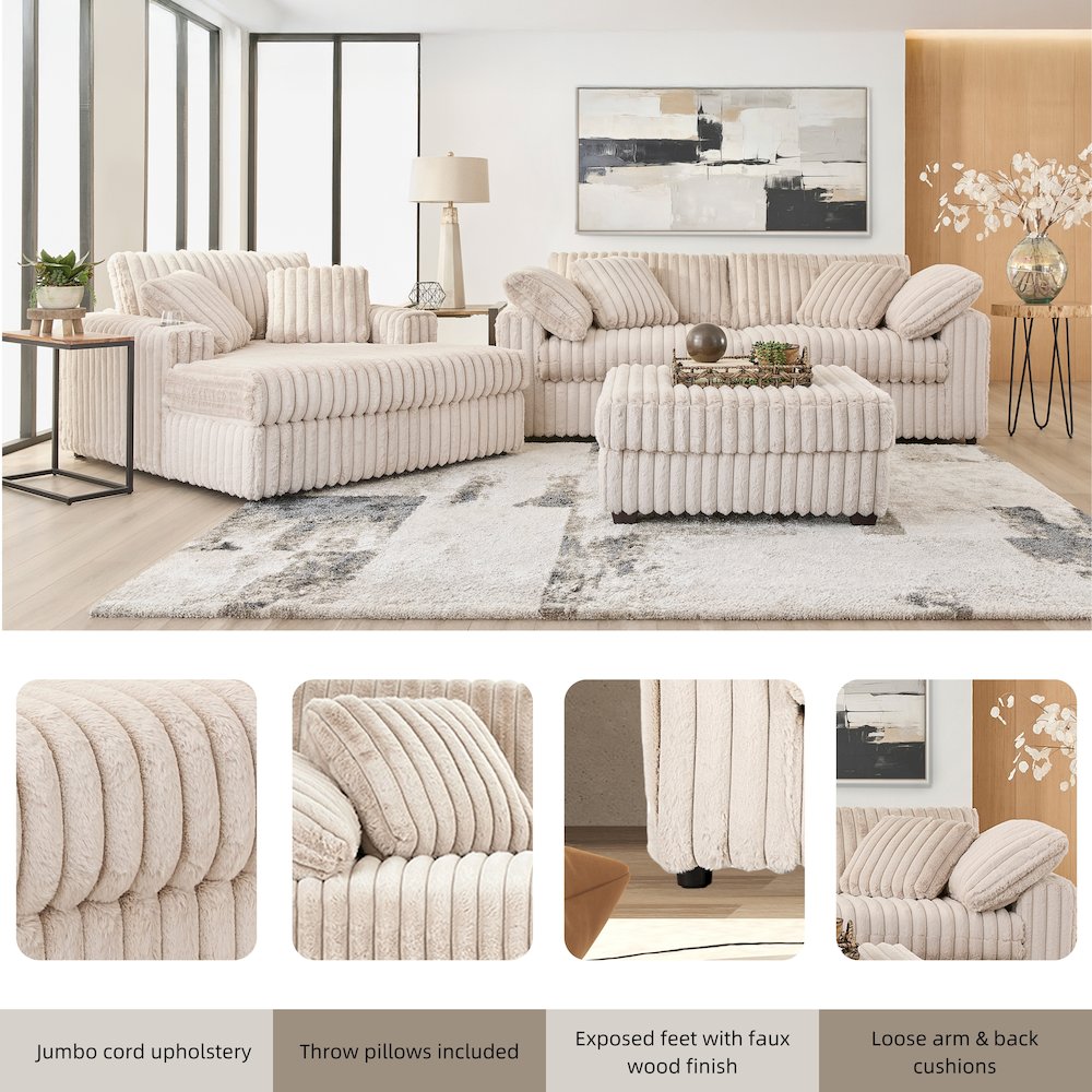 Belvoir 3-Piece Living Room Set, Sofa Cuddle Chaise and Ottoman, Beige Champagne. Picture 7