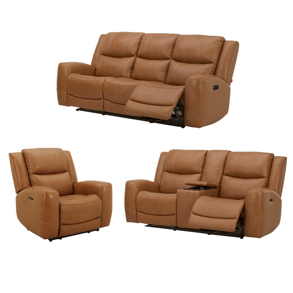 Cozura 3-Piece Leather Power Recling Living Room Set, Silverado Butternut. Picture 1