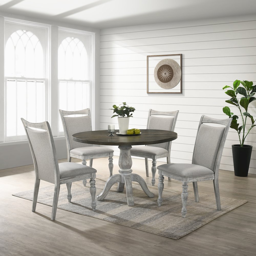 Iris 5-Pc Dining Set Pedestal Table with 4 Chairs, Weathered White and Gray. Picture 1