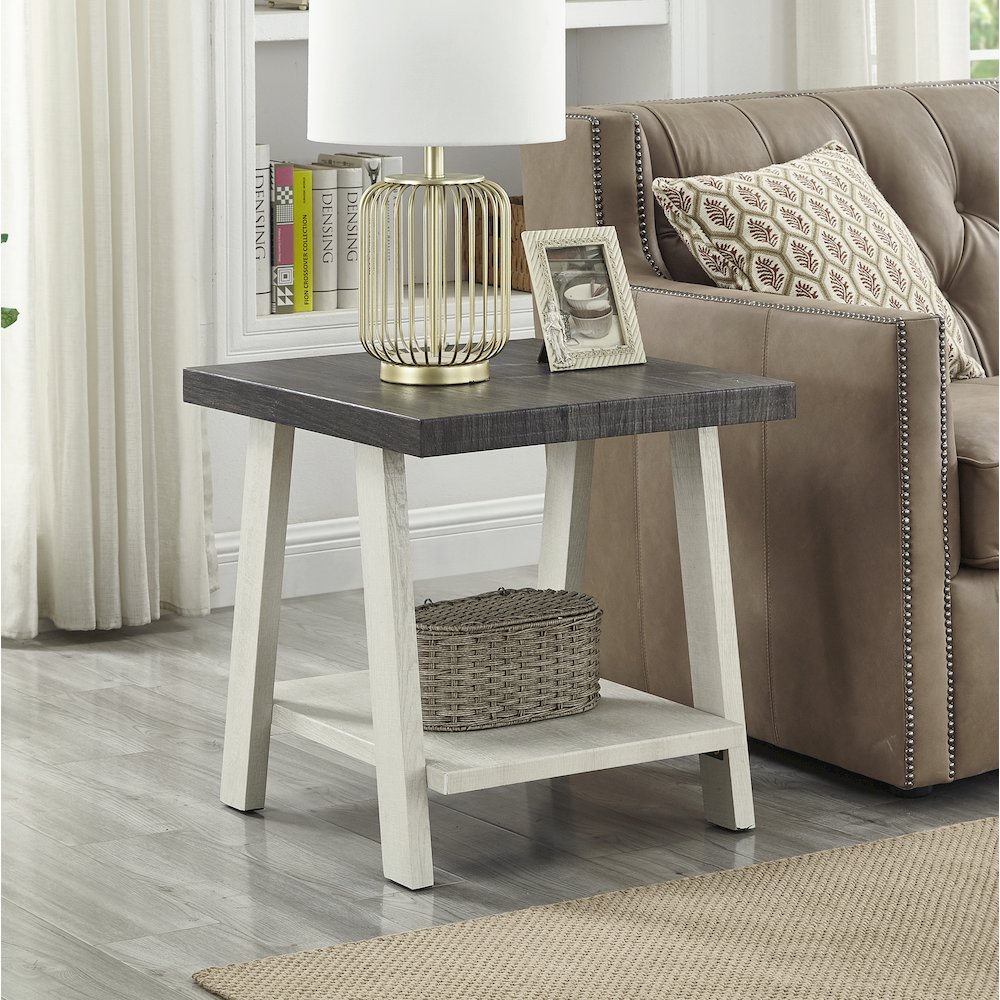 Athens Contemporary Two-Tone Wood Shelf End Table in Weathered Charcoal/Beige. Picture 4