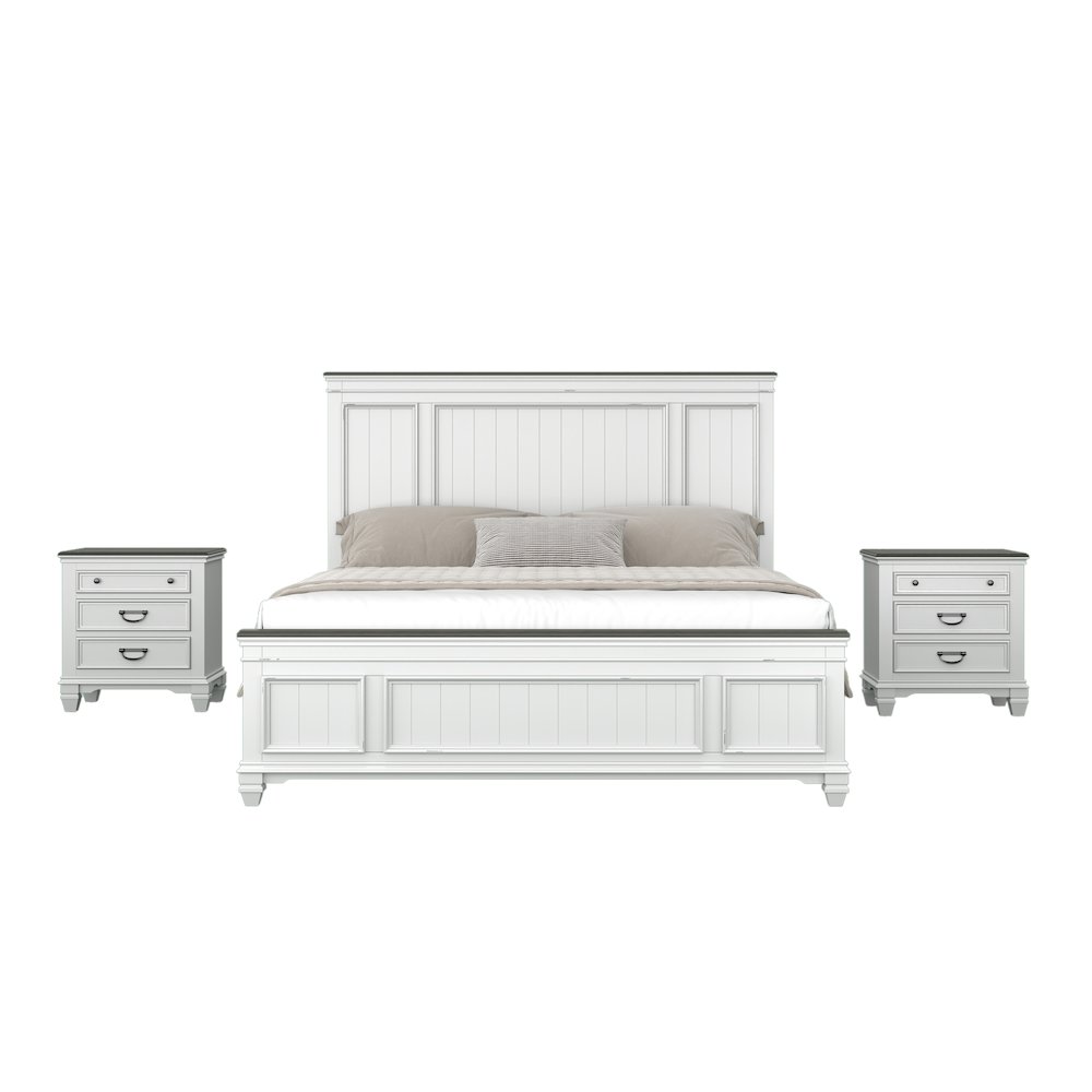 Clelane 3-Piece Wood Bedroom Set, King Bed and 2 Nightstands, Weathered White. Picture 1