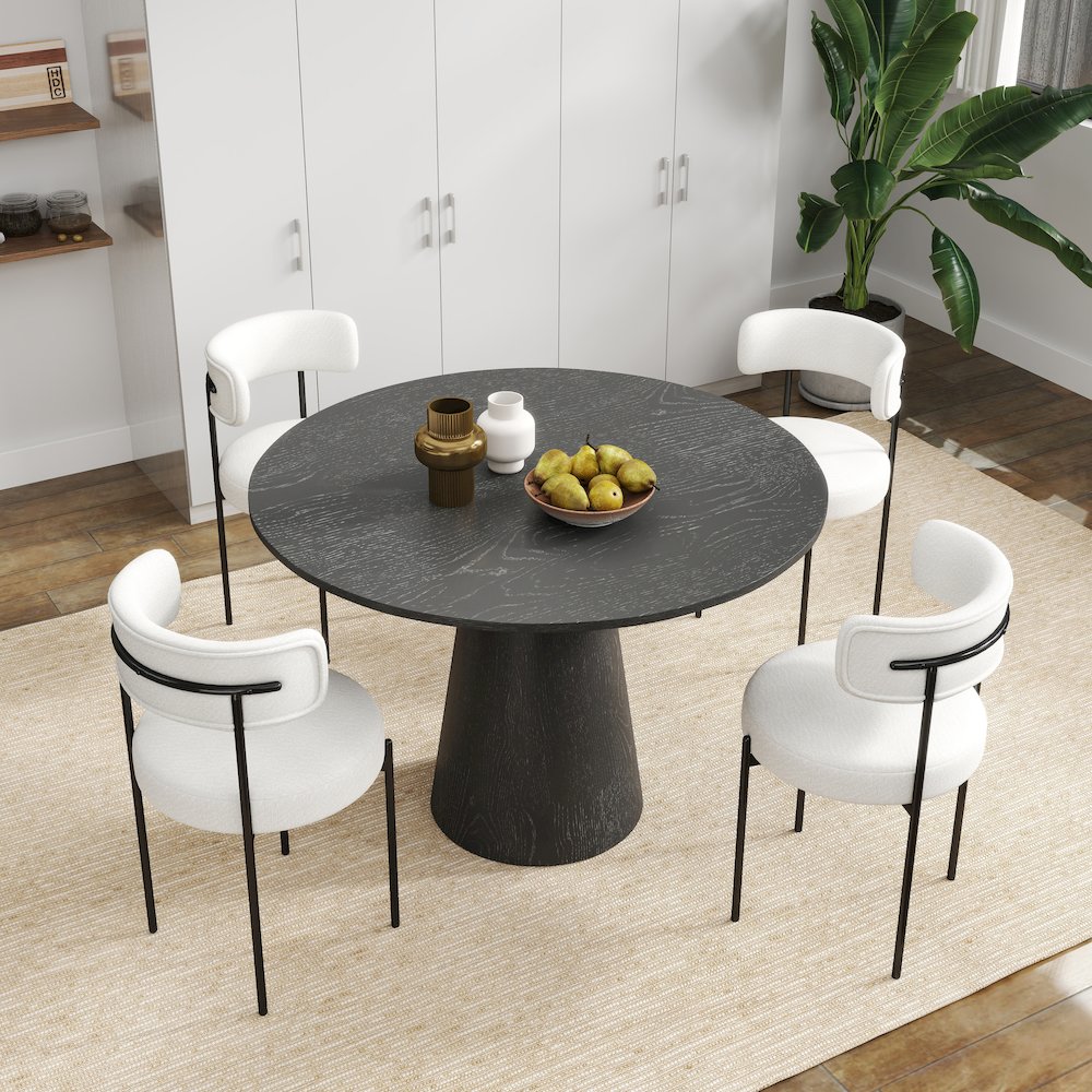 Corff 5-PC Round Dining Set, Pedestal Dining Table with 4 Boucle Chairs, White. Picture 4