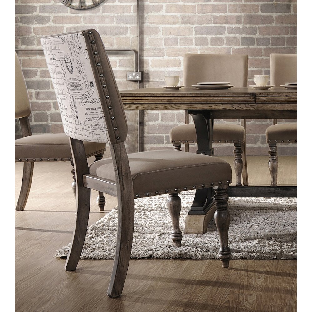 Birmingham Script Printed Driftwood Finish Dining Chair with Nail head, Set of 2. Picture 7