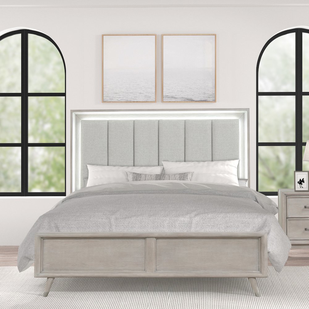 Seluna LED Lighting Panel Bed, Upholstered Headboard, Gray Oak Finish, King. Picture 3
