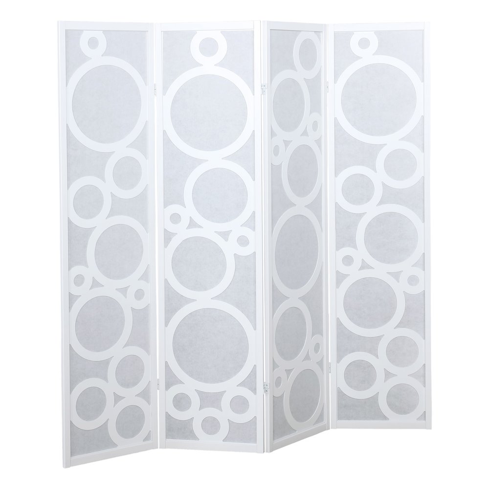 Arvada 4-Panel Wood Room Divider with Circle Pattern, White. Picture 1