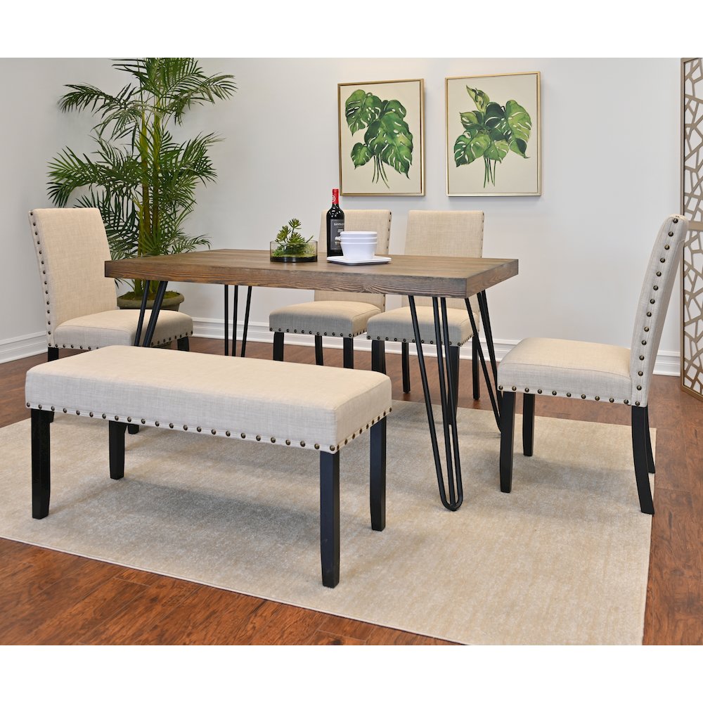 Amisos 6-Pc Dining Set, Hairpin Dining Table with 4 Chairs and Bench, Tan. Picture 5