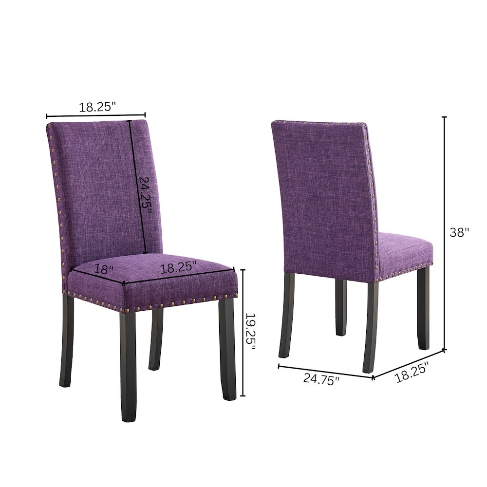 Biony Espresso Wood Dining Set with 4 Fabric Nailhead Chairs, Purple. Picture 10