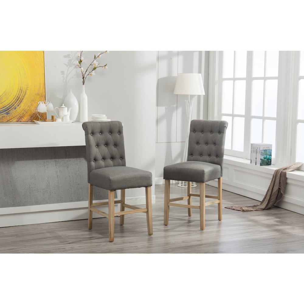 Siena Counter Height Button Tufted Back Solid Wood Stools, Set of 2, Gray. Picture 10