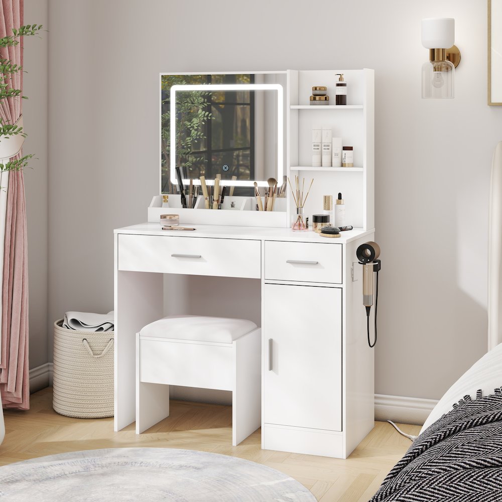 Makeup Vanity Set, Vanity Desk with Stool, LED Light Mirror, White. Picture 13