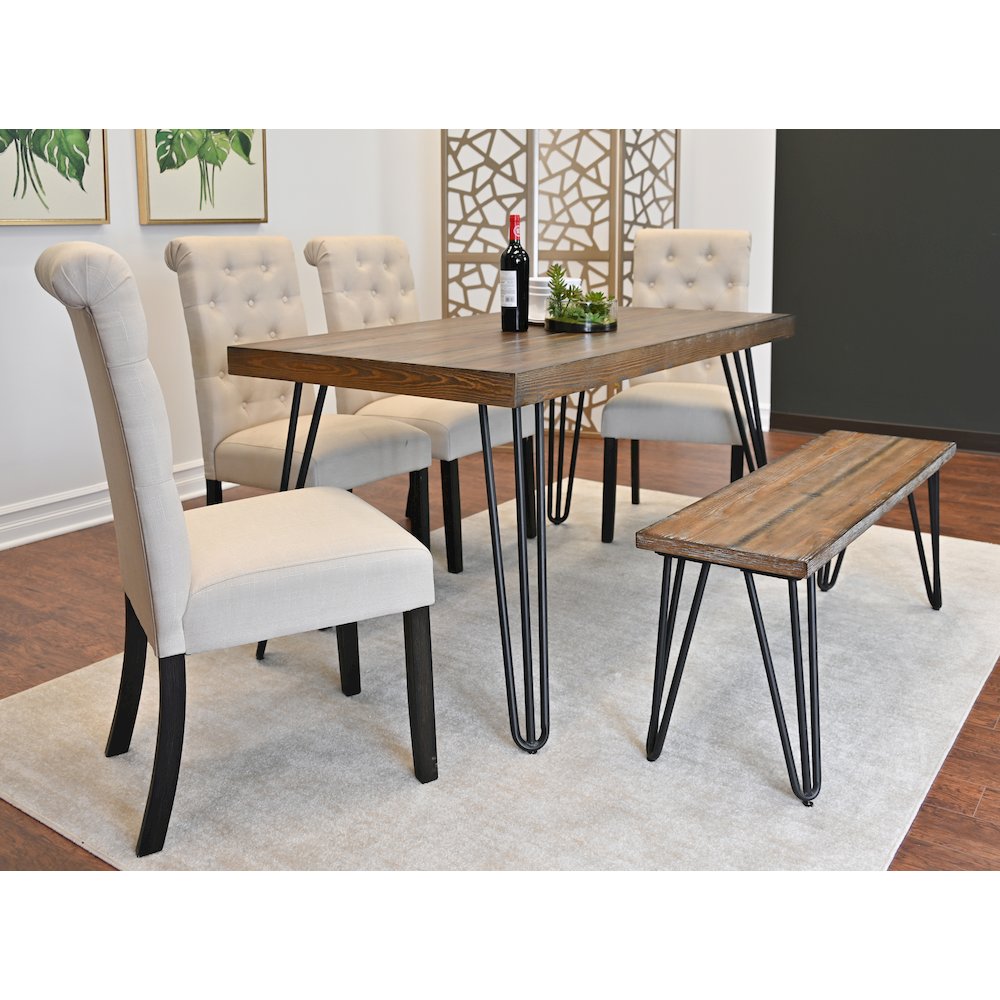 Ashford 6-Pc Dining Set, Hairpin Dining Table with 4 Chairs and Bench, Tan. Picture 3