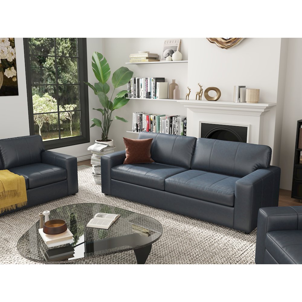 Sakan Leather 3-Pc Living Room Set, Sofa Loveseat and Chair, Blue. Picture 5