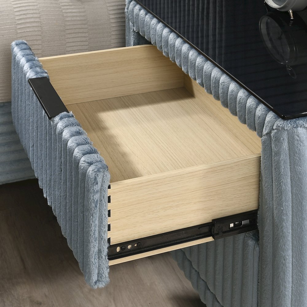 Mavela Wide Wale Corduroy Upholstery Nightstand, Blue. Picture 4