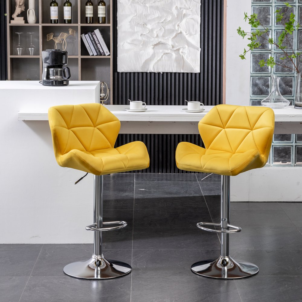 Breni Velvet Diamond Tufted Swivel Adjustable Height Barstool, Set of 2, Yellow. Picture 2
