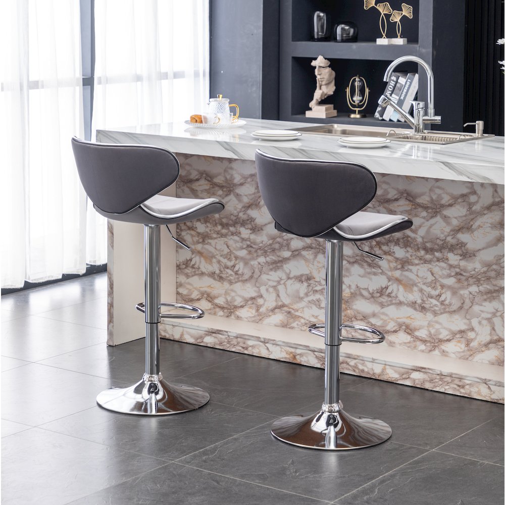 Masaccio Velvet Upholstered Adjustable Swivel Barstool, Set of 2, Gray. Picture 6