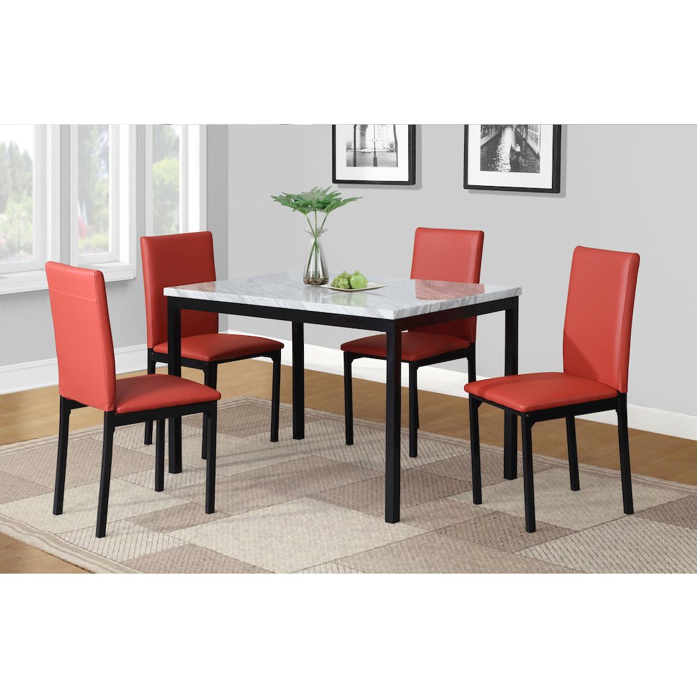 Citico 5-Pc Dinette Set with Faux Marble Top, White Table with Red Chairs. Picture 2