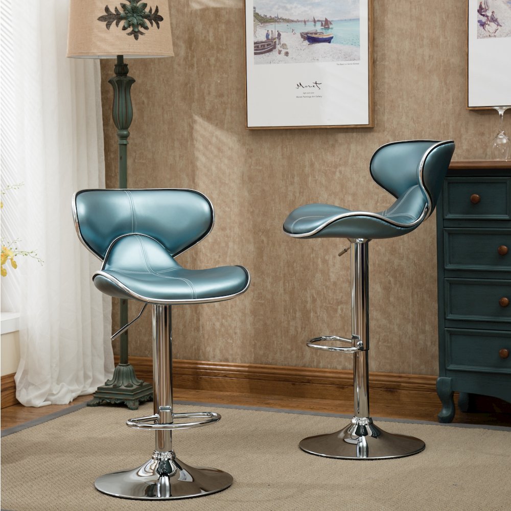 Masaccio Blue Leatherette Adjustable Swivel Barstool Chrome Base, Set of 2. Picture 2