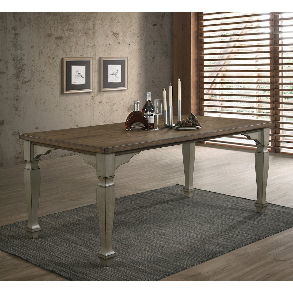 Breda Antique Gray and Dark Oak Finished Wood Dining Set, Table, Bench, Chairs. Picture 3