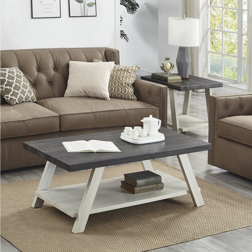 Athens Contemporary 3Pc Wood Shelf Coffee Table Set in Weathered Charcoal/Beige. Picture 4