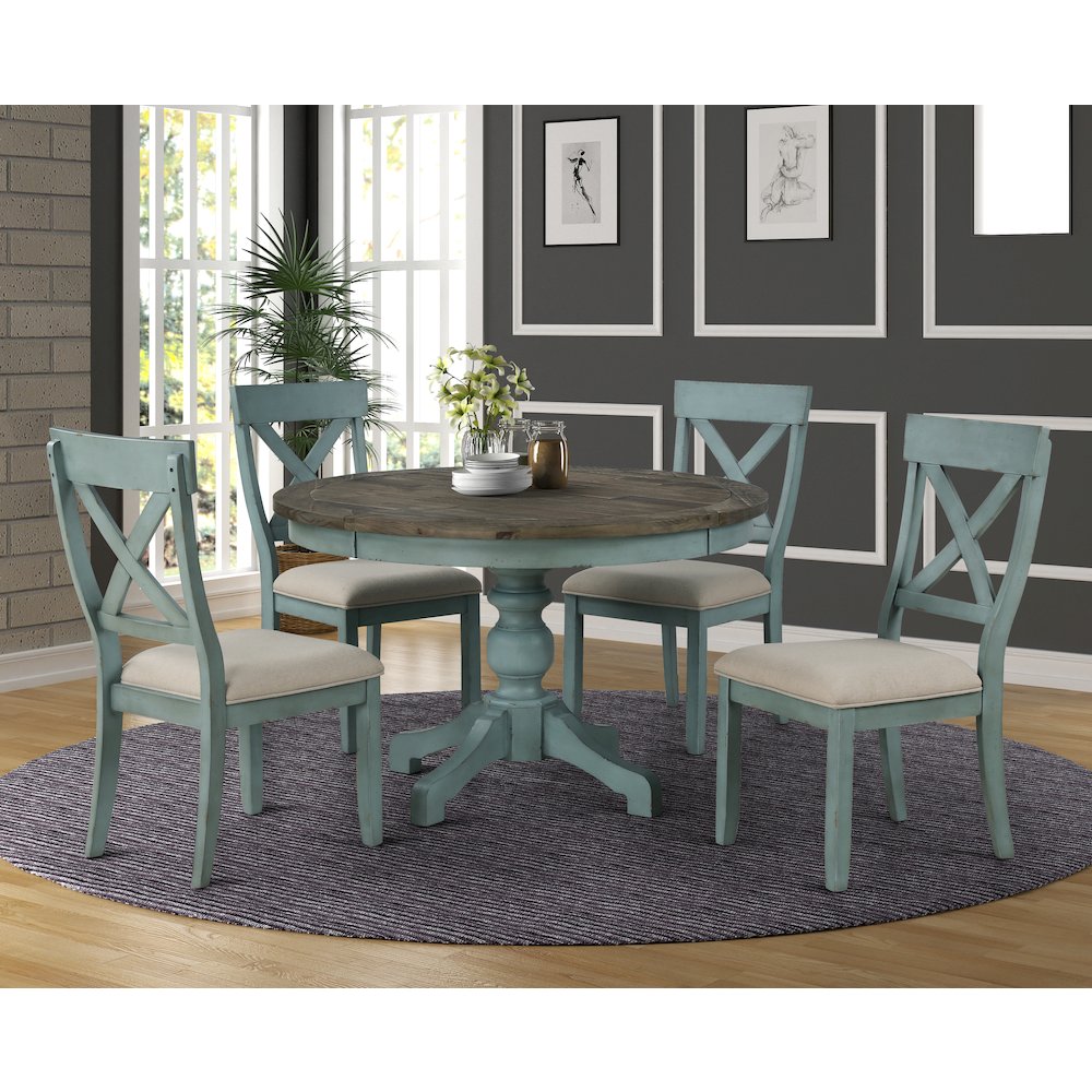 Prato Round Blue and Brown Two-Tone Finish Wood Dining Table. Picture 5