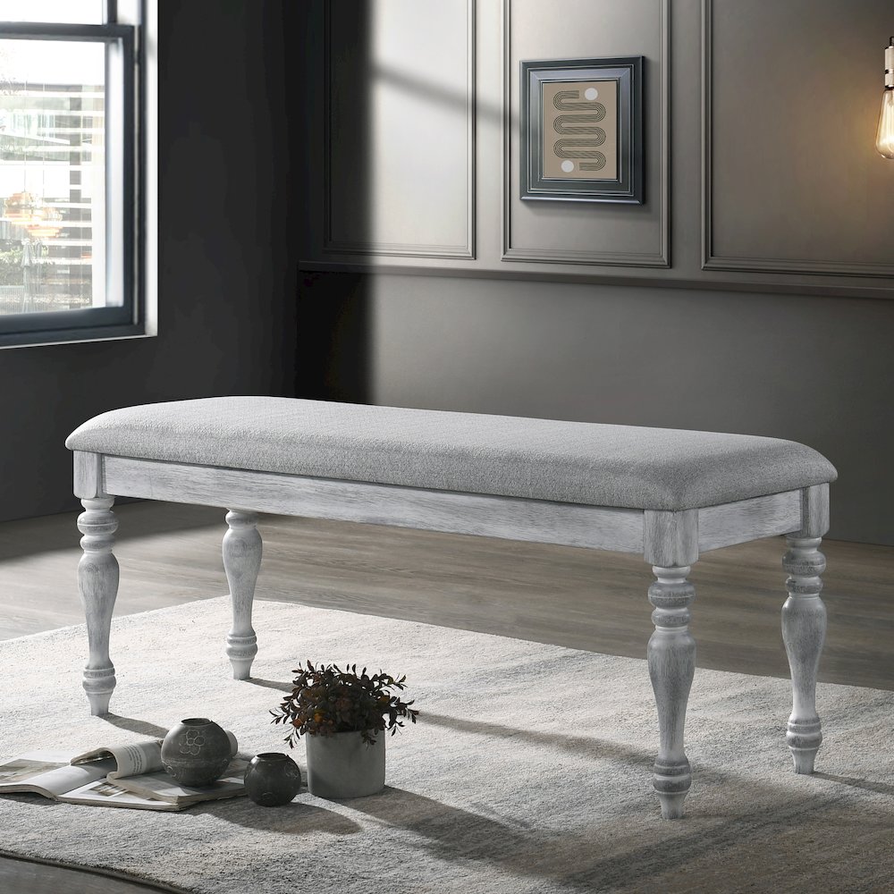 Salines Upholstered Turned Leg Dining Bench, Rustic White. Picture 3