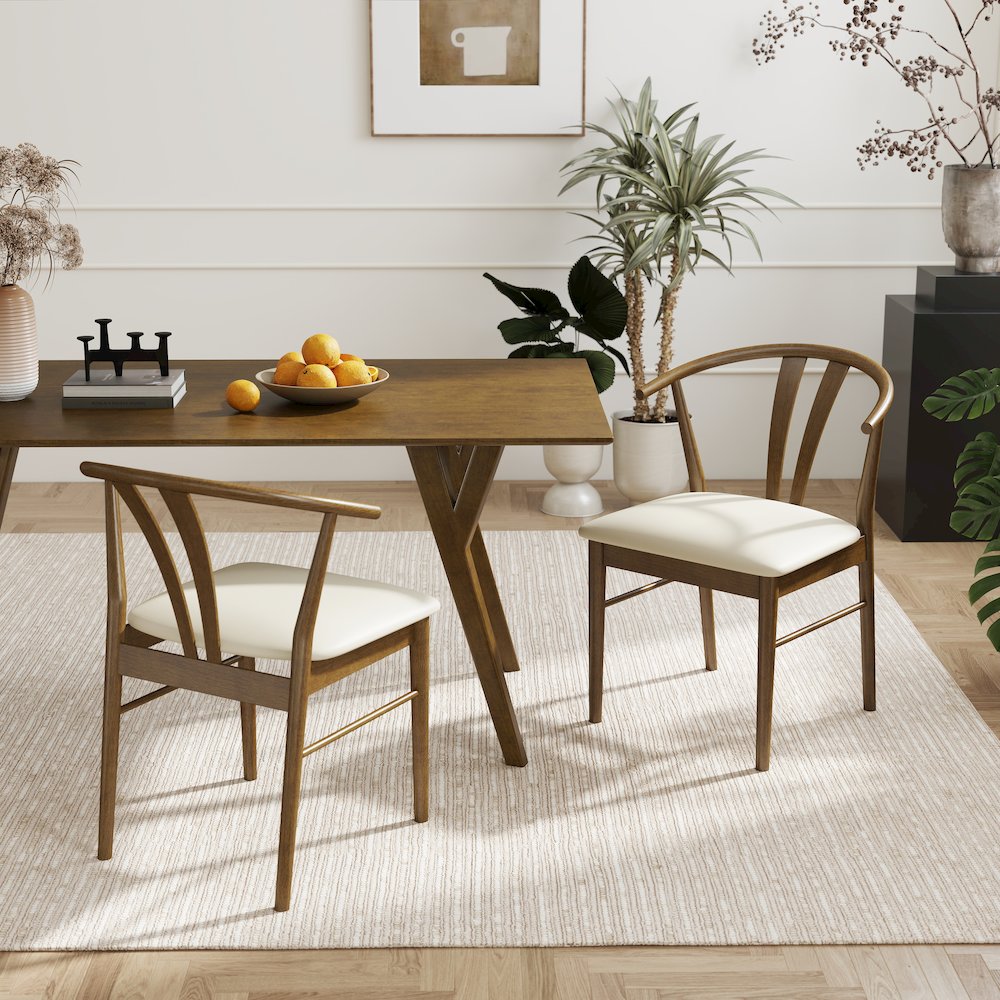 5-Piece Dining Set, Walnut Finished Dining Table with 4 Brown Wishbone Chairs. Picture 15