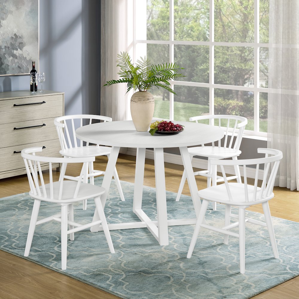 Edo White Wood 5-Pc Dining Set, Trestle Dining Table with 4 Windsor Chairs. Picture 2