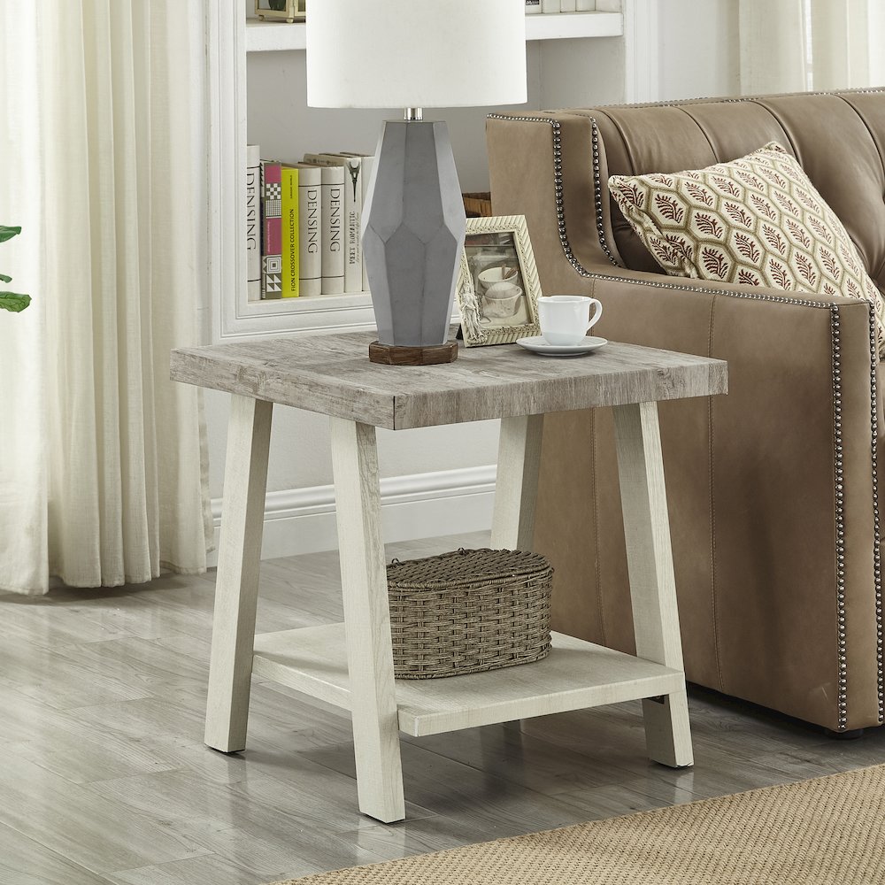 Athens Contemporary Two-Tone Wood Shelf End Table in Weathered Gray and Beige. Picture 4