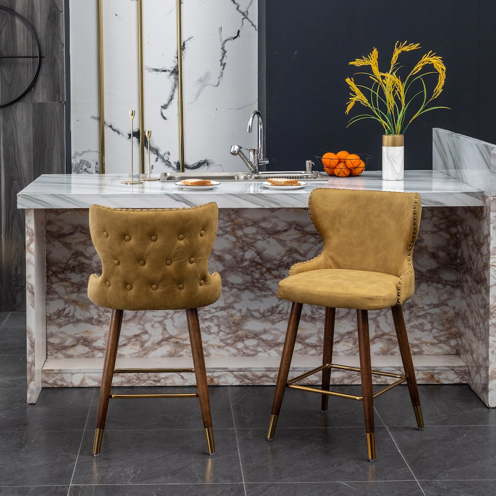 Nevis Modern Faux Leather Tufted Nailhead Trim Counter Stool Set of 2, Yellow. Picture 4