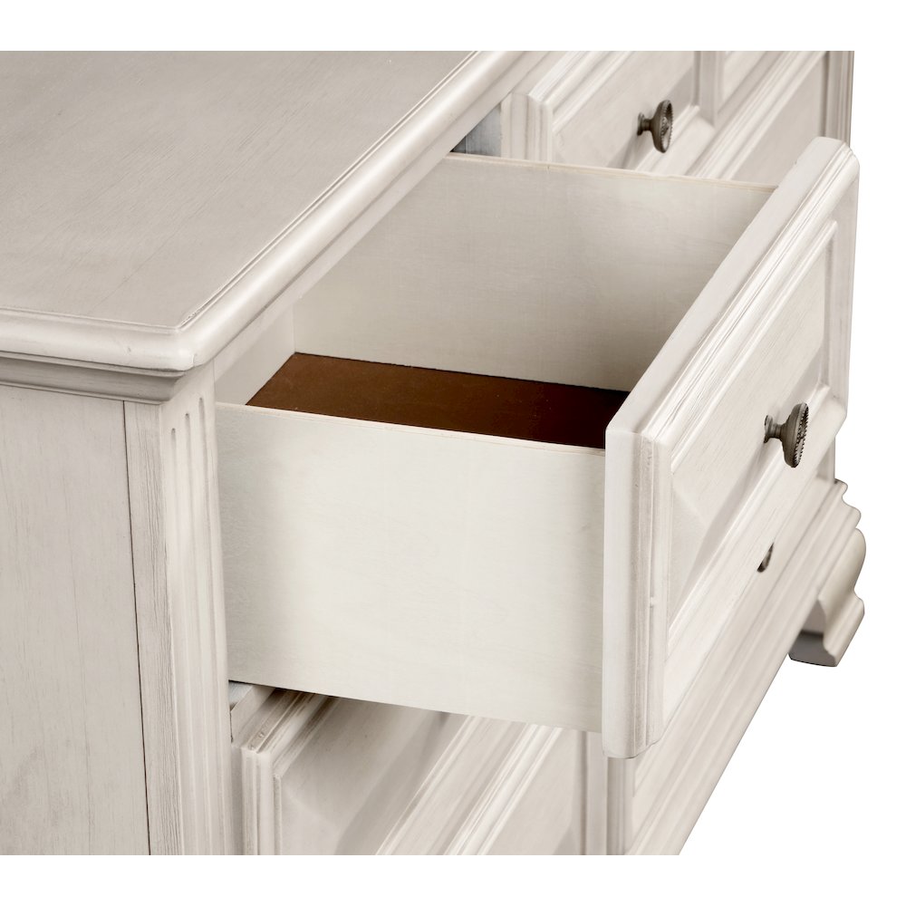 Distressed Parchment Wood Bedroom Set, Queen Bed, Dresser, Mirror, Nightstand. Picture 11