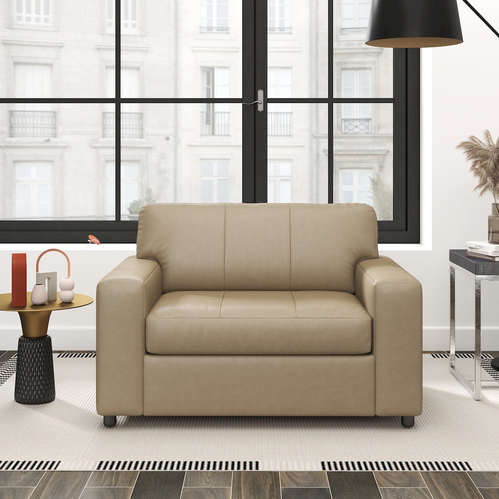 Sakan Leather Upholstered Cutler Lounge Chair, Beige. Picture 2