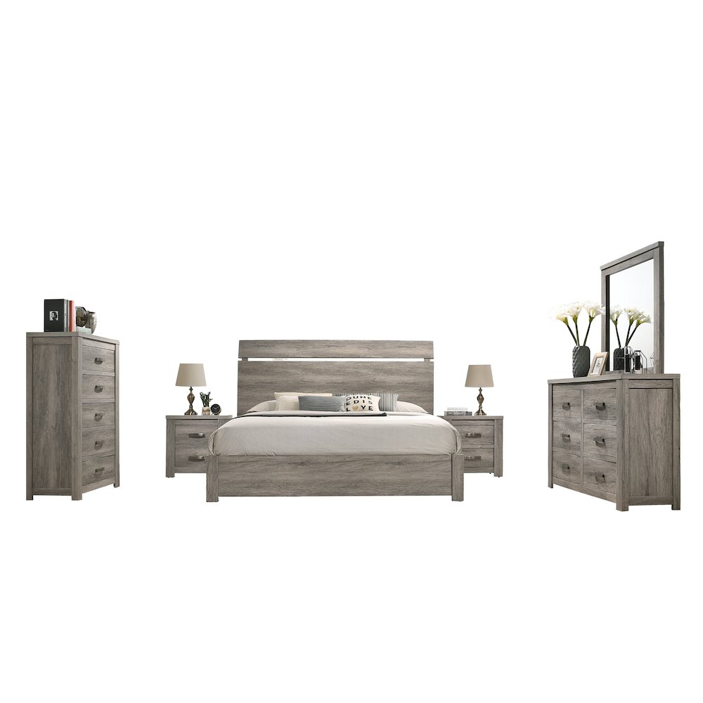 Weathered Gray Wood Bedroom Set, Queen Bed, Dresser, Mirror,2 Nightstands, Chest. Picture 1