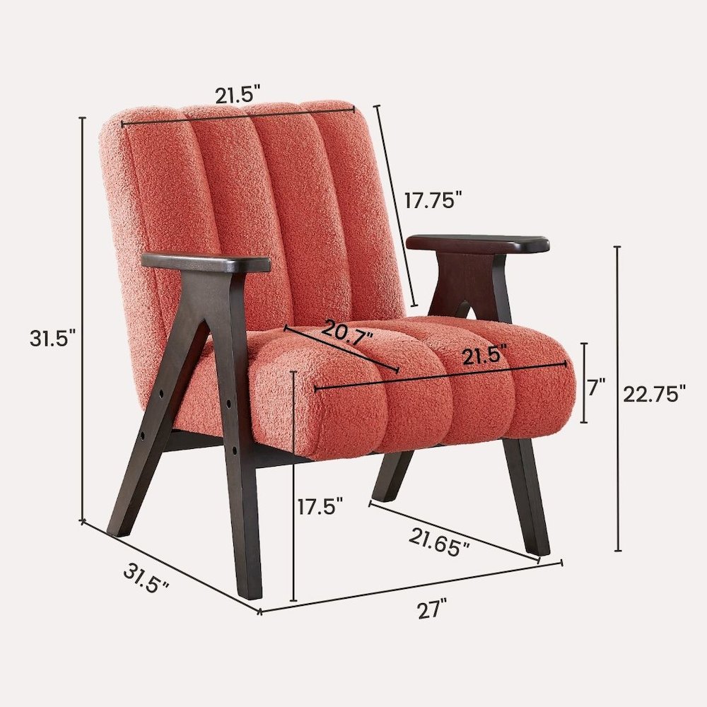 Rella Modern Teddy Sherpa Accent Chair with Espresso Wood Frame, Coral. Picture 9
