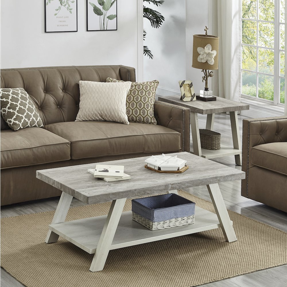 Athens Contemporary 3Pc Wood Shelf Coffee Table Set in Weathered Gray/Beige. Picture 4