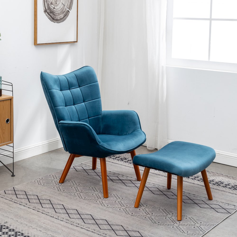 Leiria Contemporary Silky Velvet Tufted Accent Chair with Ottoman, Blue. Picture 3