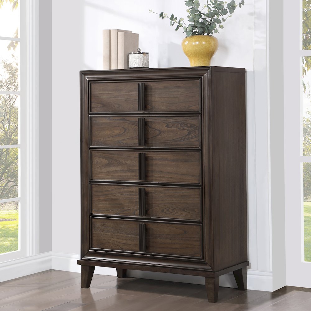 Aetheria Contemporary Wood 5-Drawer Chest in Dark Brown. Picture 2