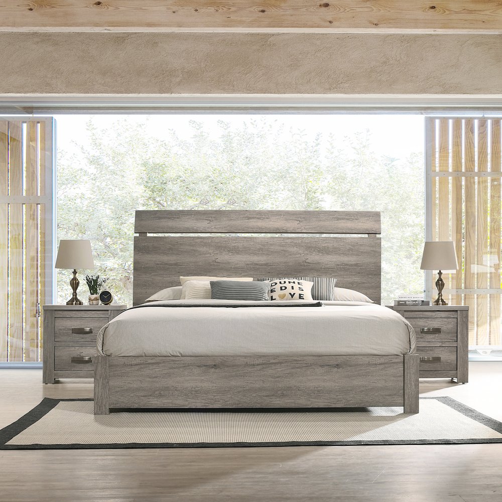 Floren Weathered Gray Wood 3-Piece Bedroom Set, Queen Bed with 2 Nightstands. Picture 2